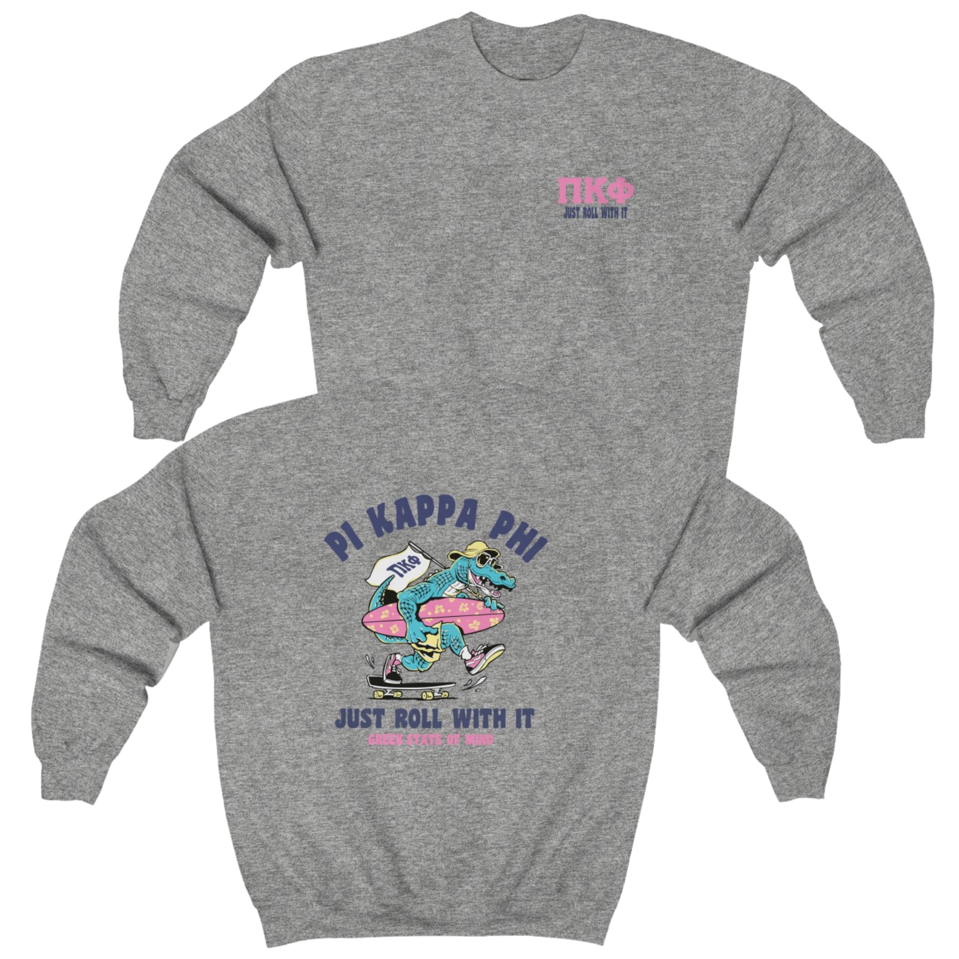 Grey Pi Kappa Phi Graphic Crewneck Sweatshirt | Alligator Skater | Pi kappa alpha fraternity shirt
