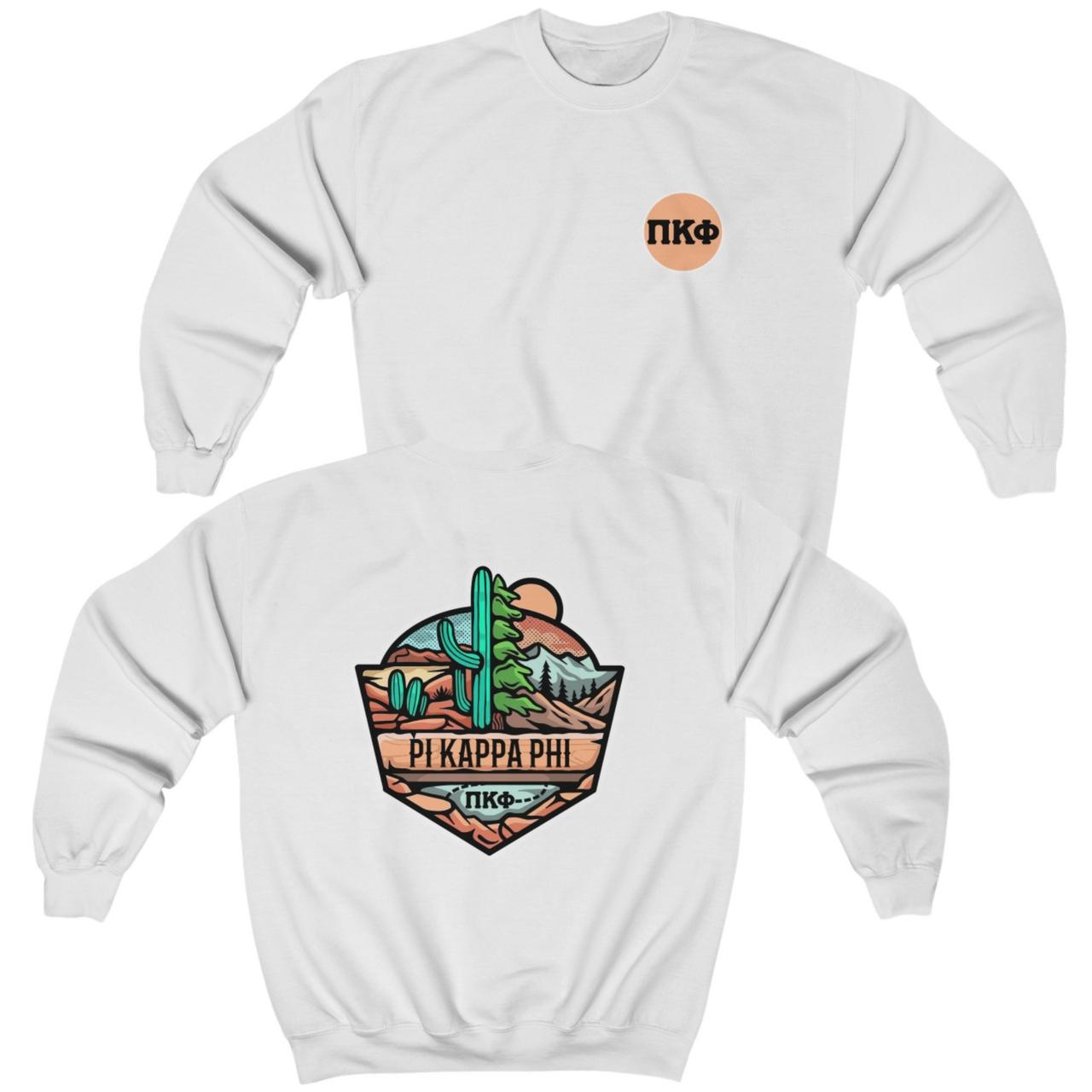 White Pi Kappa Phi Graphic Crewneck Sweatshirt | Desert Mountains | Pi Kappa Phi Apparel and Merchandise