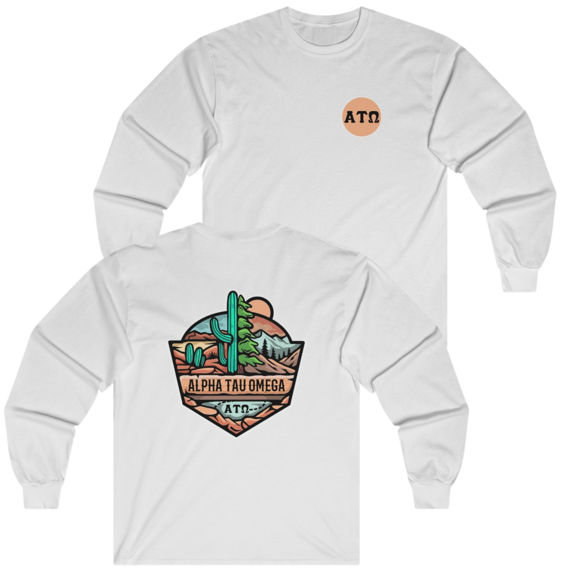white Alpha Tau Omega Graphic Long Sleeve T-Shirt | Desert Mountains | Alpha Tau Omega Fraternity Merch