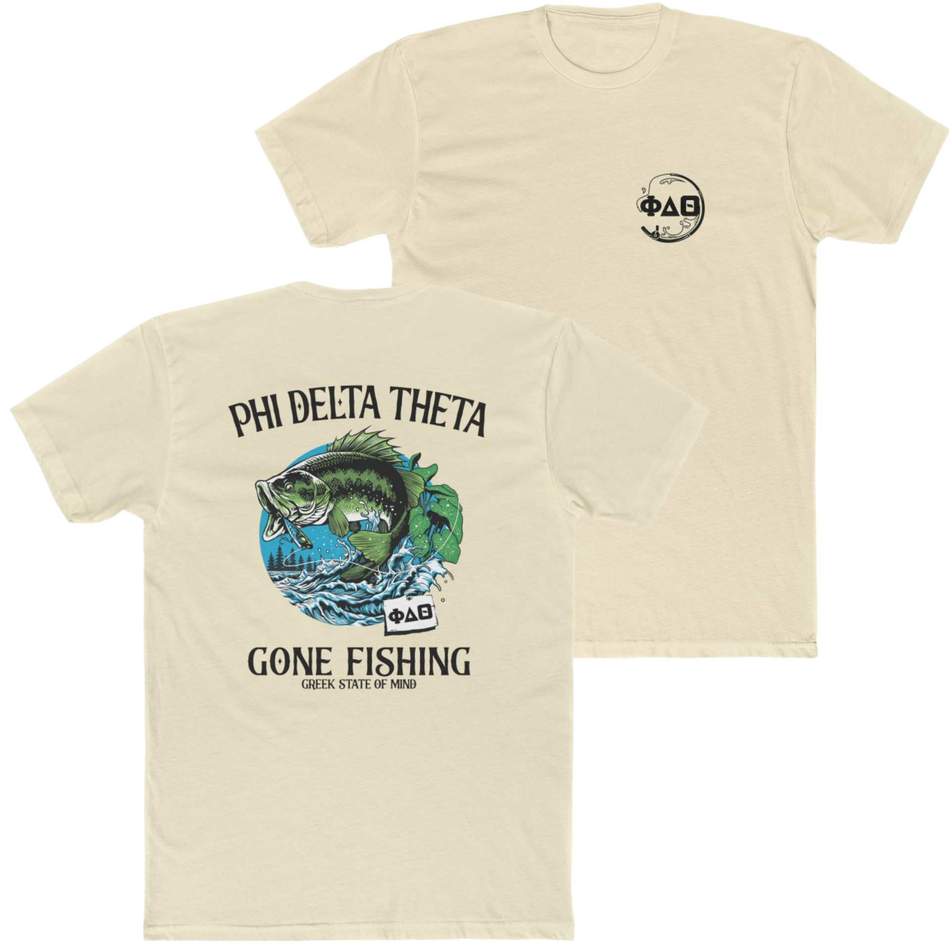 sand Phi Delta Theta Graphic T-Shirt | Gone Fishing | phi delta theta fraternity greek apparel 