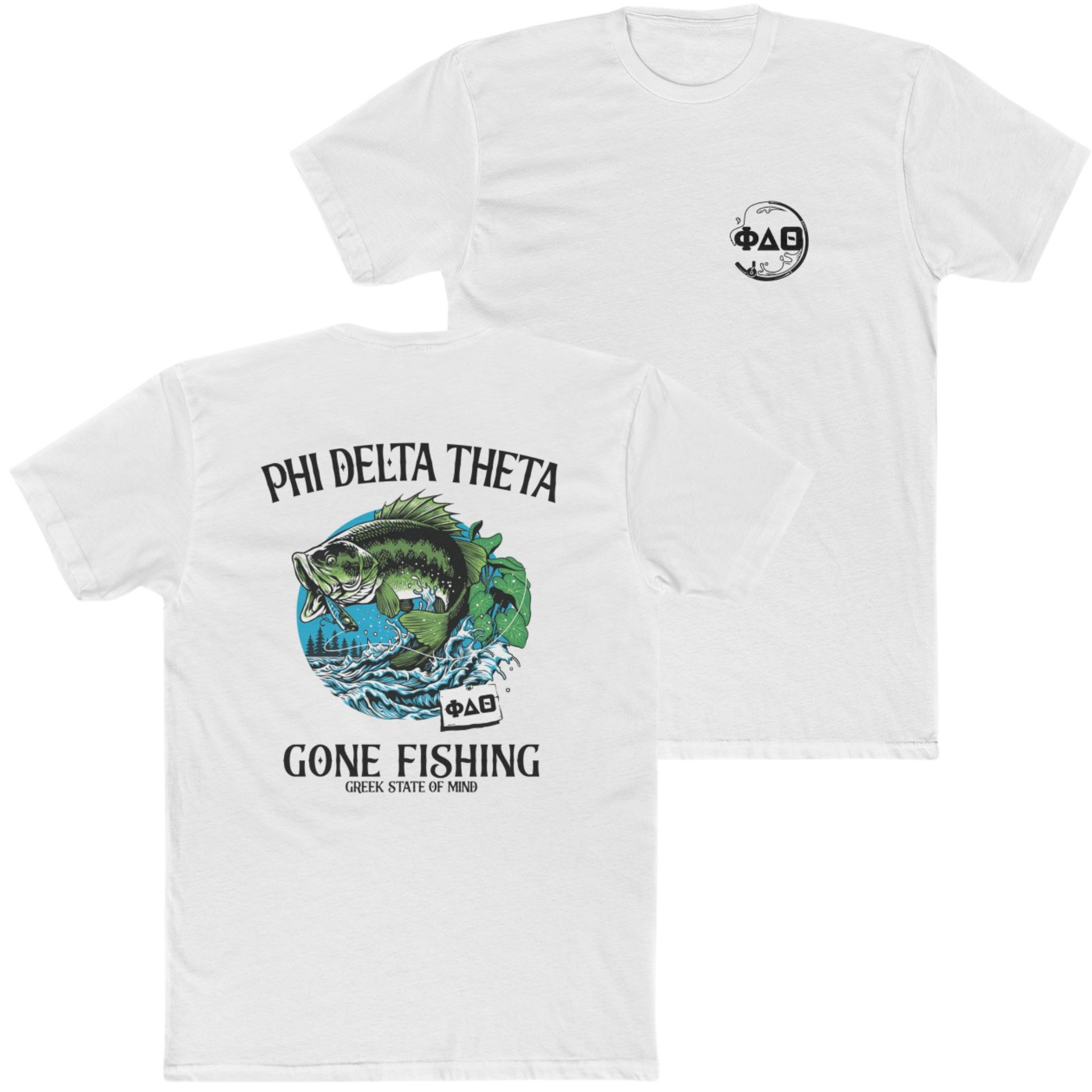 white Phi Delta Theta Graphic T-Shirt | Gone Fishing | phi delta theta fraternity greek apparel 