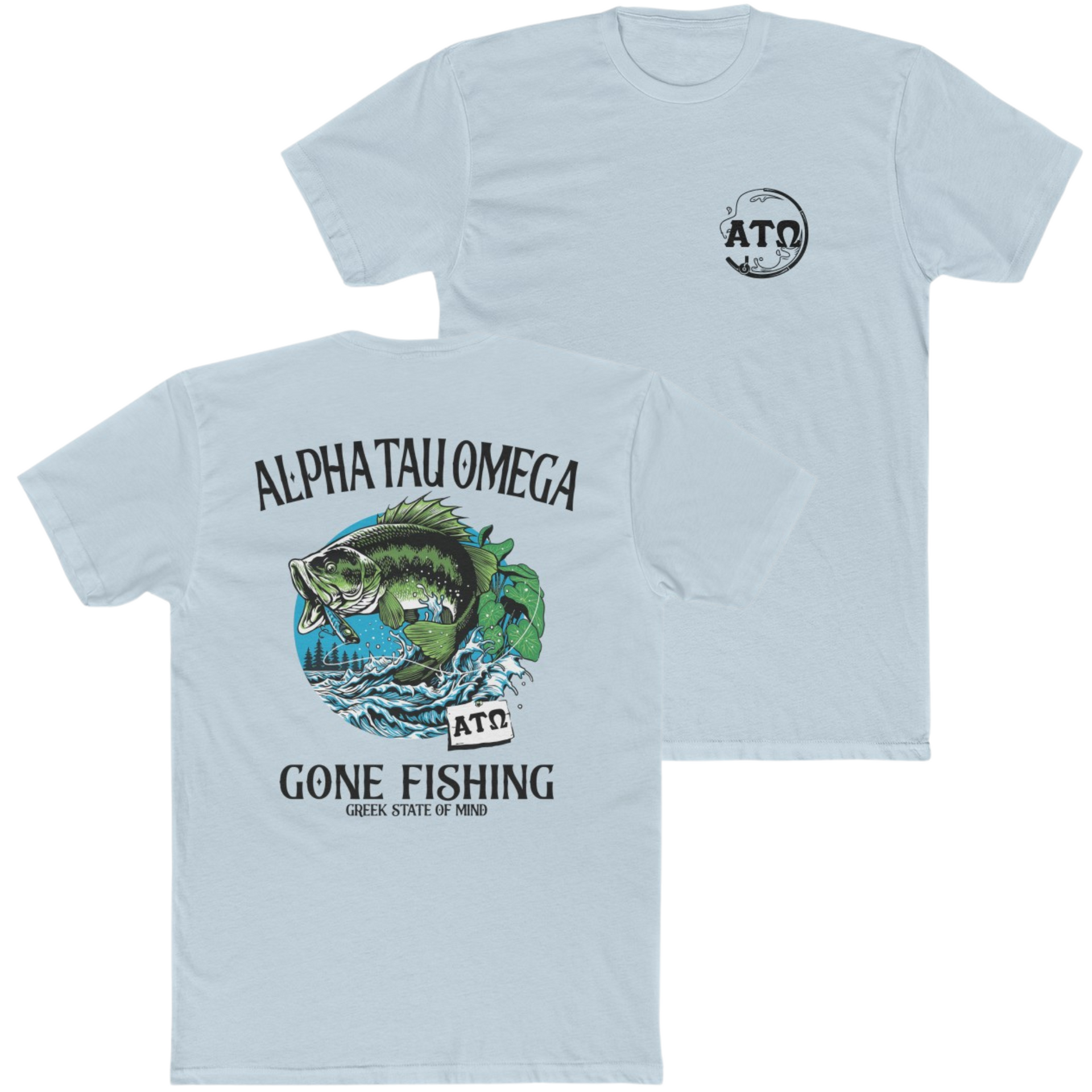 Light Blue Alpha Tau Omega Graphic T-Shirt | Gone Fishing | Alpha Tau Omega Fraternity Merch  