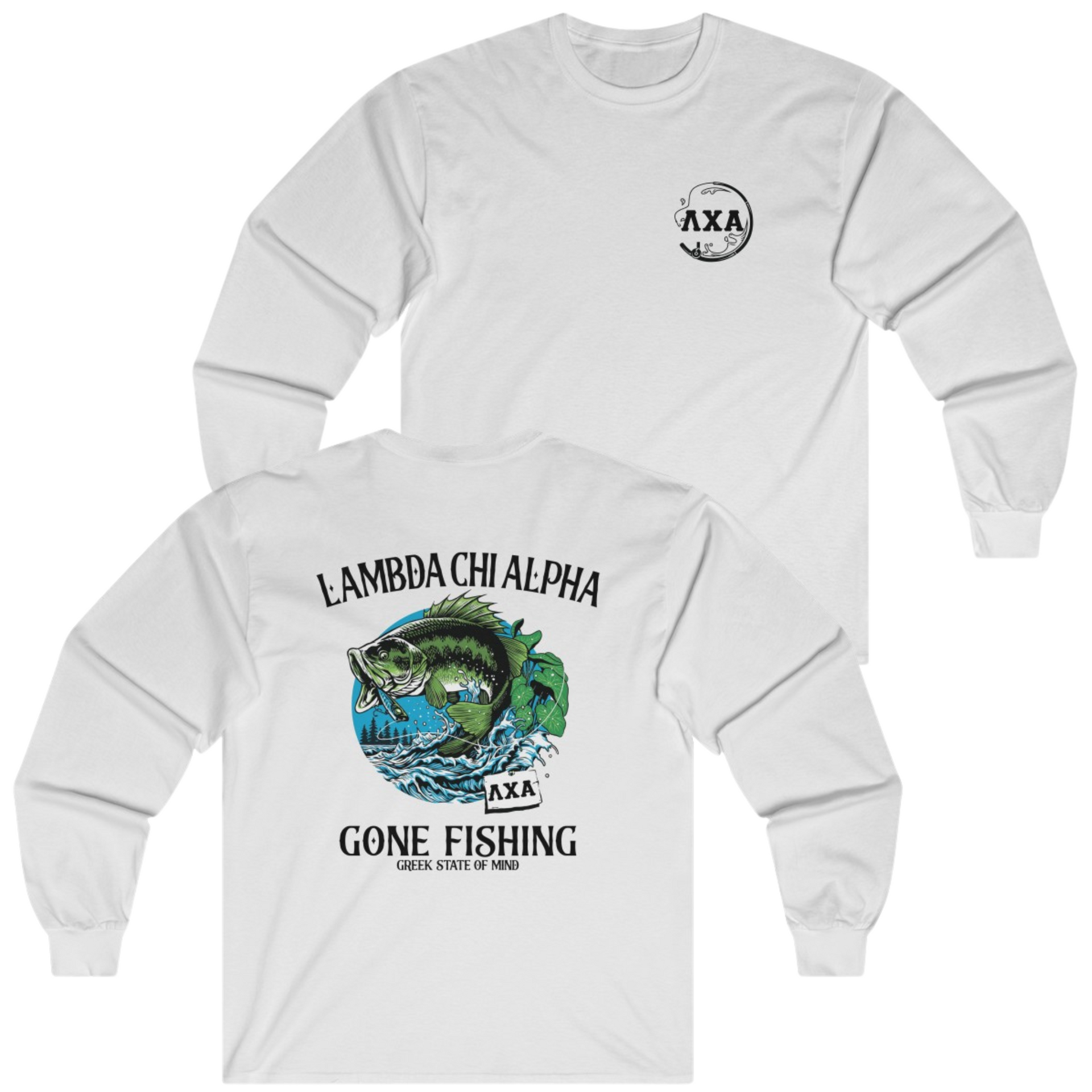 White Lambda Chi Alpha Graphic Long Sleeve T-Shirt | Gone Fishing | Lambda Chi Alpha Fraternity Apparel 