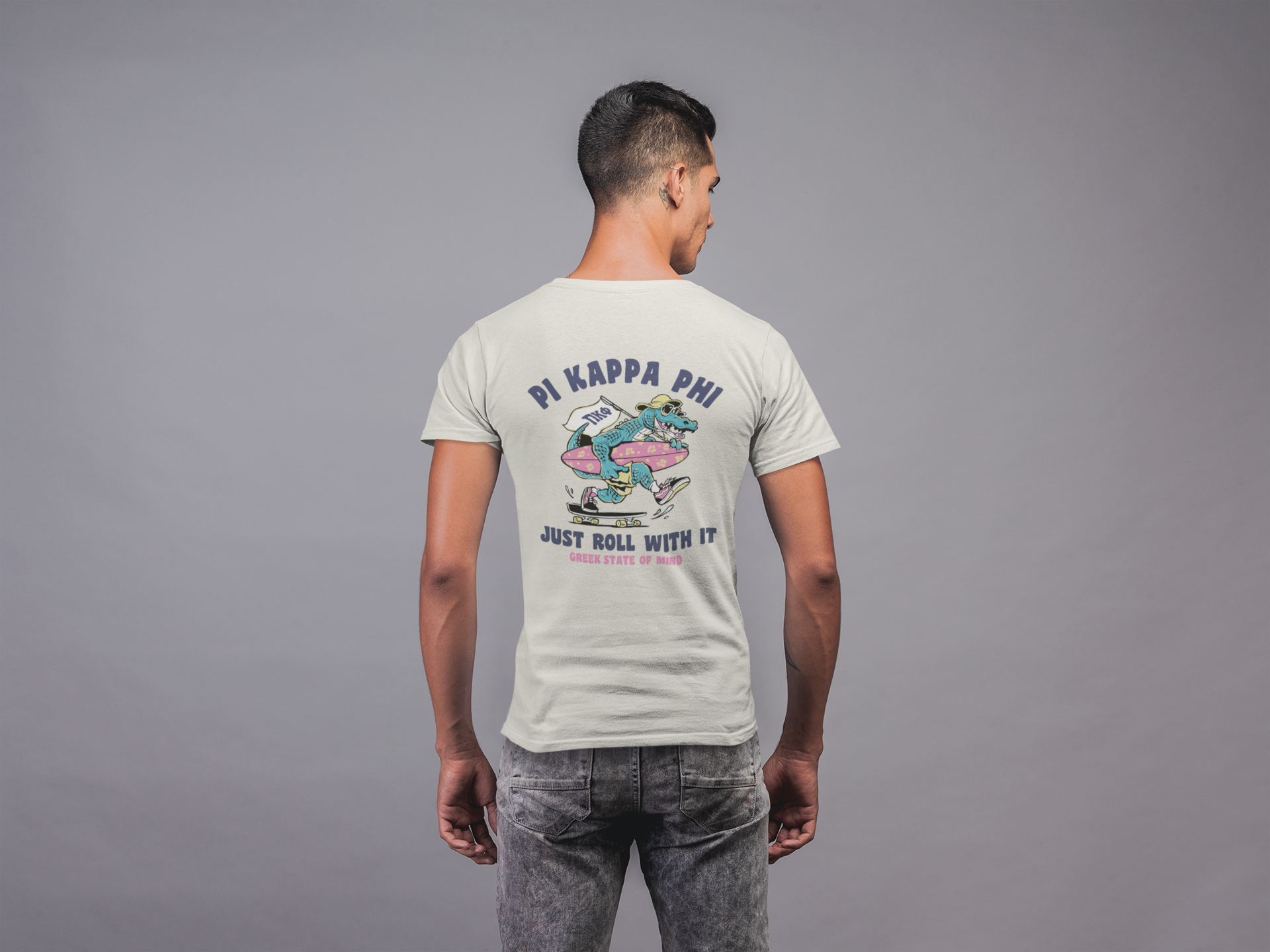 Pi Kappa Phi Graphic T-Shirt | Alligator Skater | Pi kappa alpha fraternity shirt back model 