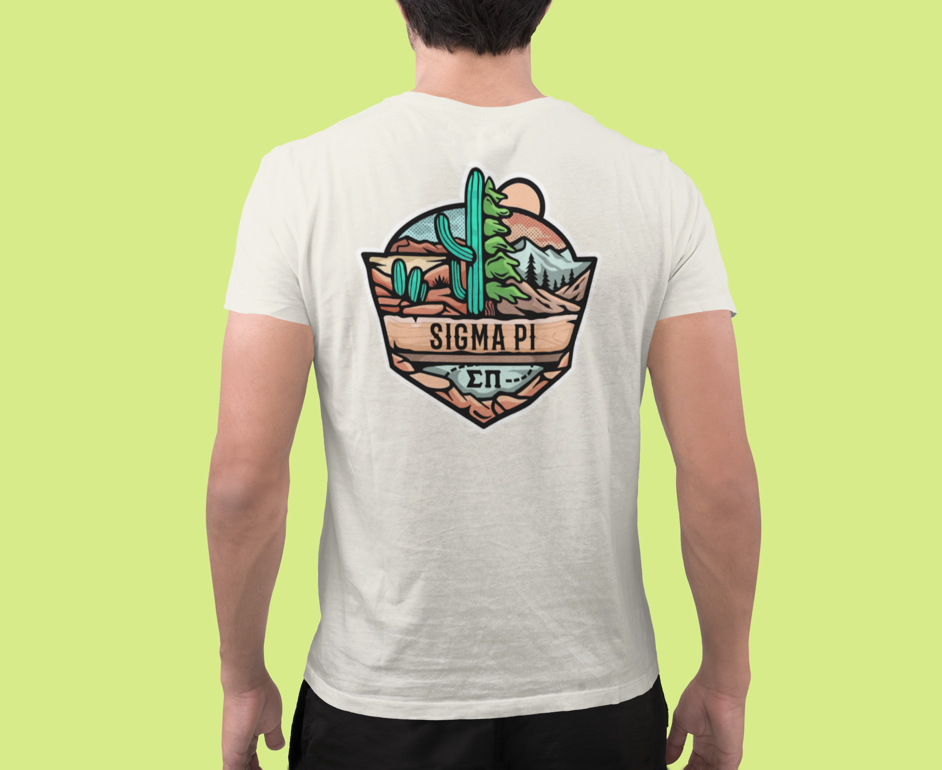 White Sigma Pi Graphic T-Shirt | Desert Mountains | Sigma Pi Apparel and Merchandise model 