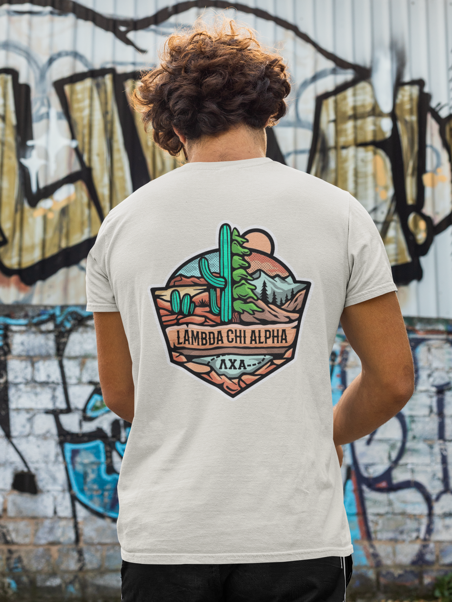white Lambda Chi Alpha Graphic T-Shirt | Desert Mountains | Lambda Chi Alpha Fraternity Apparel back model  