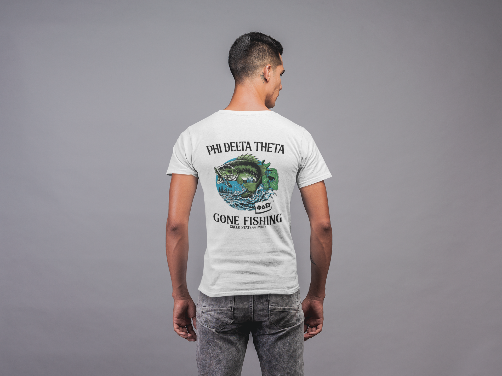 Phi Delta Theta Graphic T-Shirt | Gone Fishing | phi delta theta fraternity greek apparel back model 