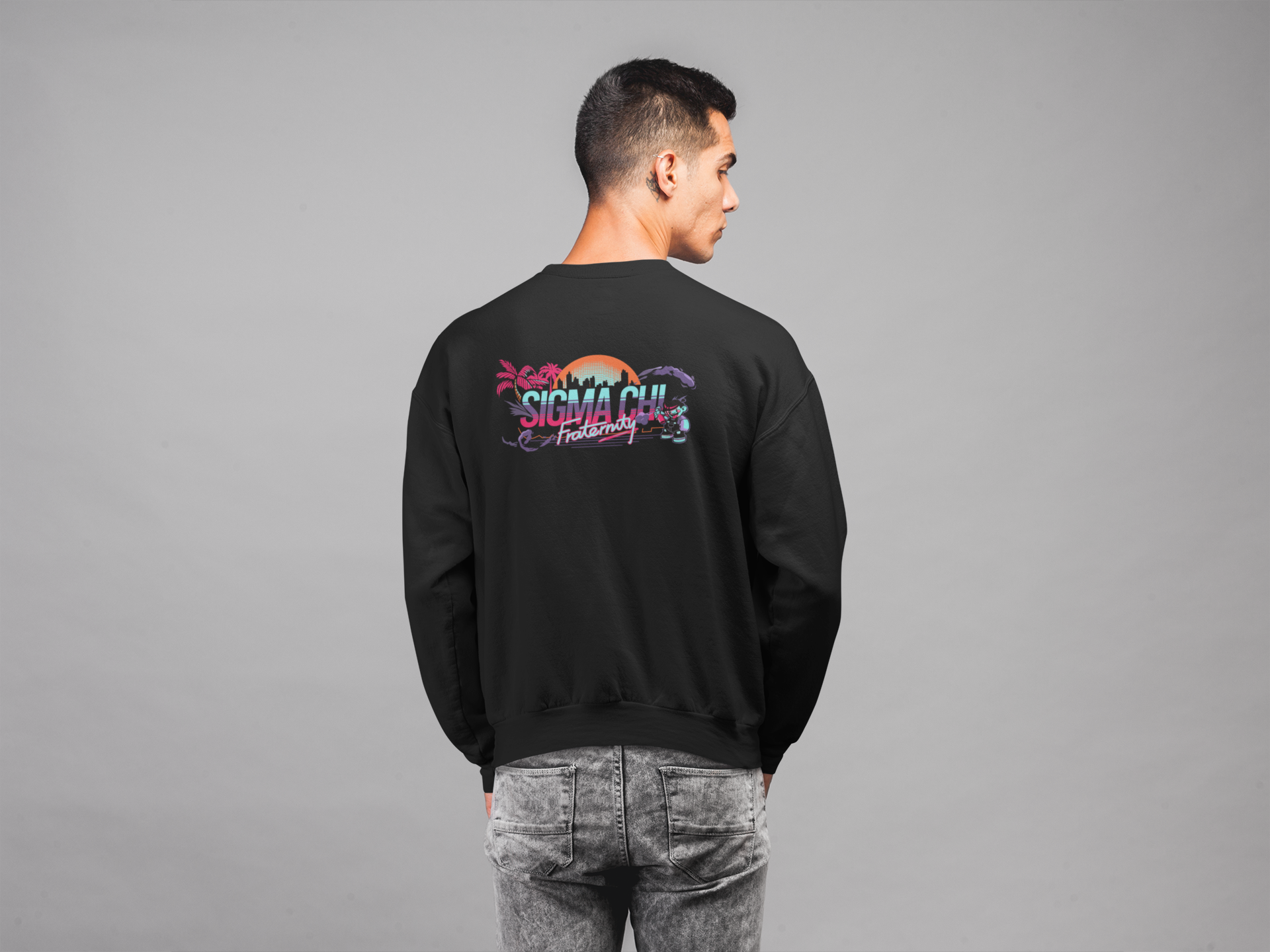 Black Sigma Chi Graphic Crewneck Sweatshirt | Jump Street | Sigma Chi Fraternity Apparel model