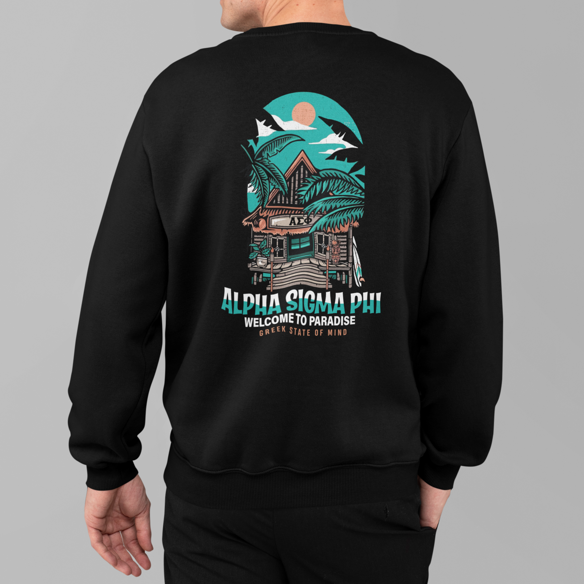 Alpha Sigma Phi Graphic Crewneck Sweatshirt | Welcome to Paradise | Alpha Sigma Phi Fraternity Clothes back model 
