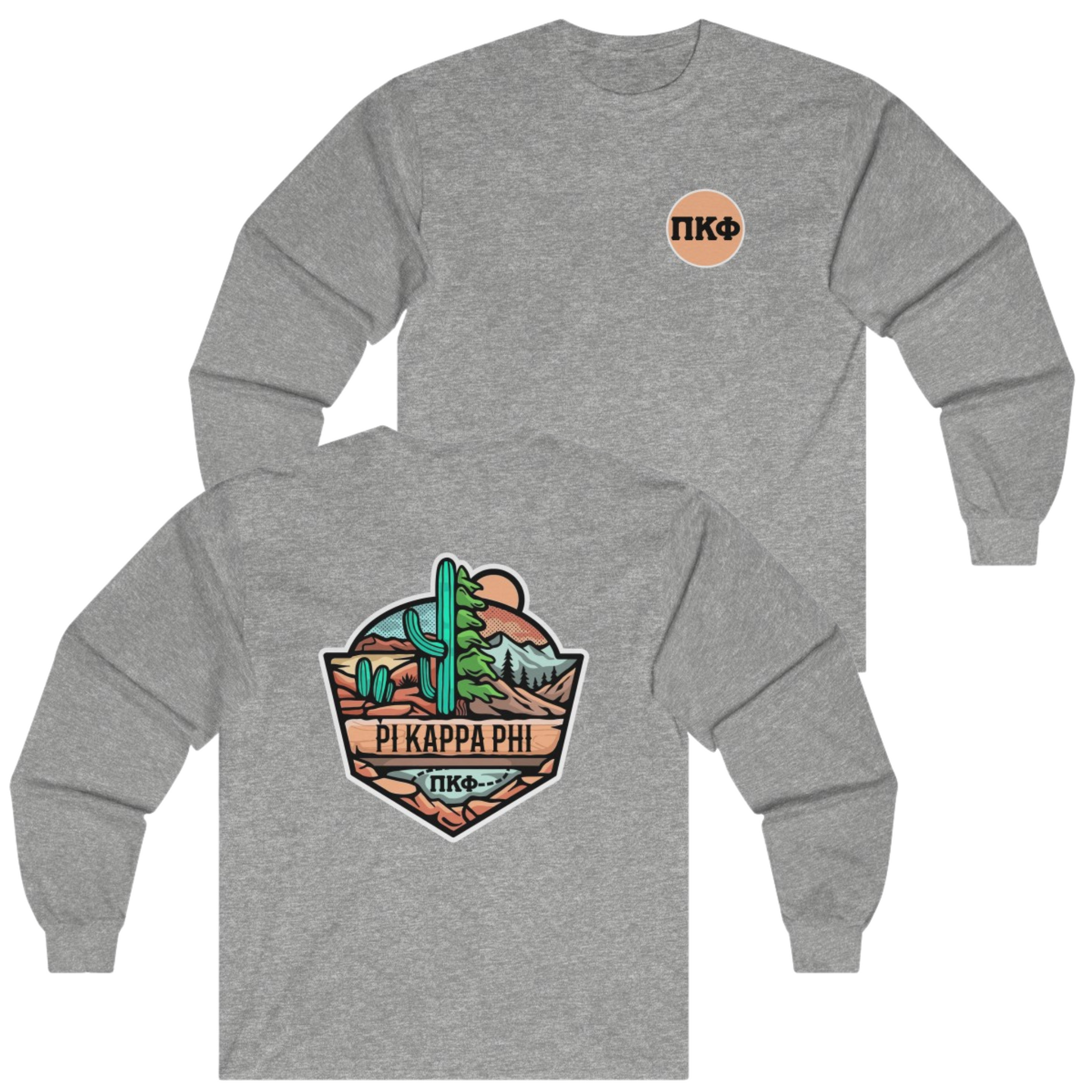 grey Pi Kappa Phi Graphic Long Sleeve T-Shirt | Desert Mountains | Pi Kappa Phi Apparel and Merchandise 
