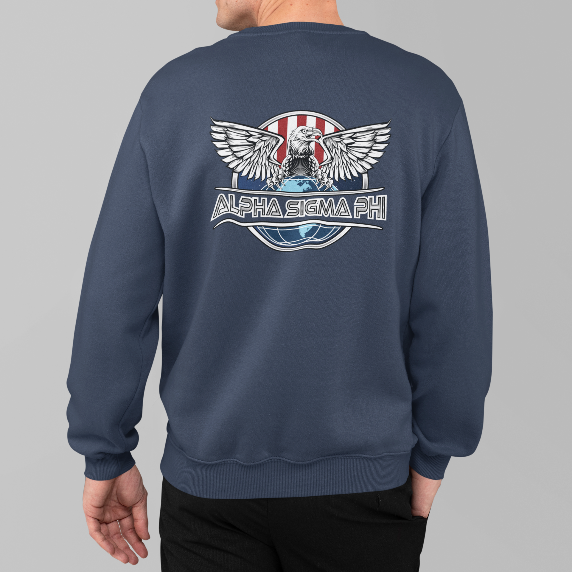 Navy Alpha Sigma Phi Graphic Crewneck Sweatshirt | The Fraternal Order | Alpha Sigma Phi Fraternity Clothes  back model 