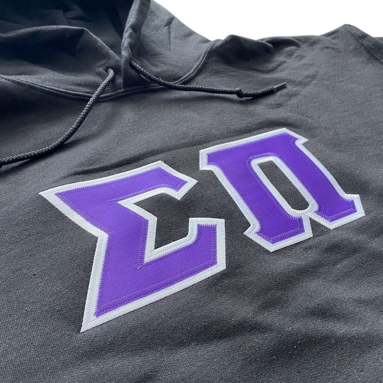 Sigma Pi Stitched Letter Hoodie | Black | Purple with White Border