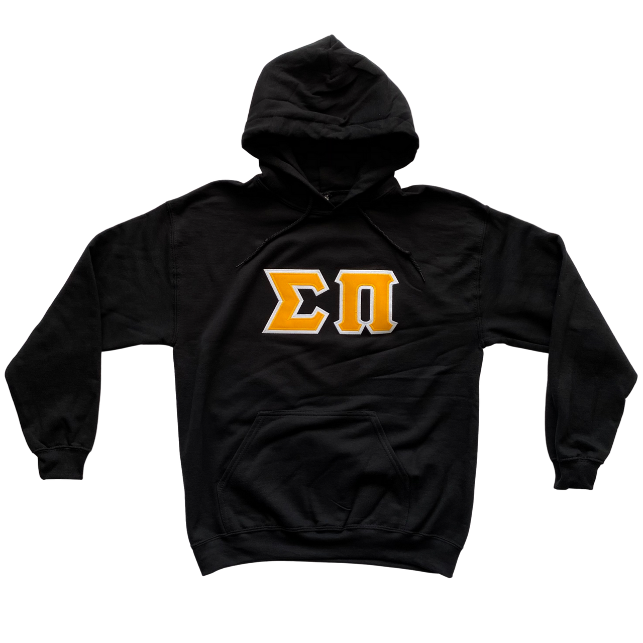 Sigma Pi Stitched Letter Hoodie | Black | Gold with White Border