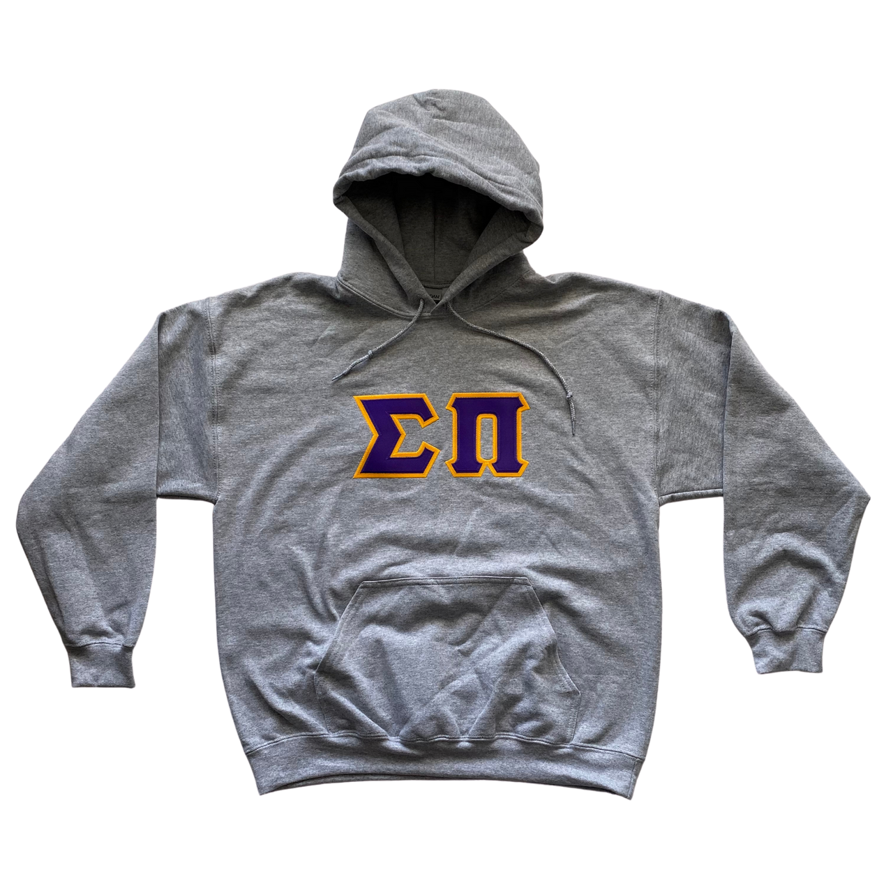 Sigma Pi Stitched Letter Hoodie | Purple with Gold Border
