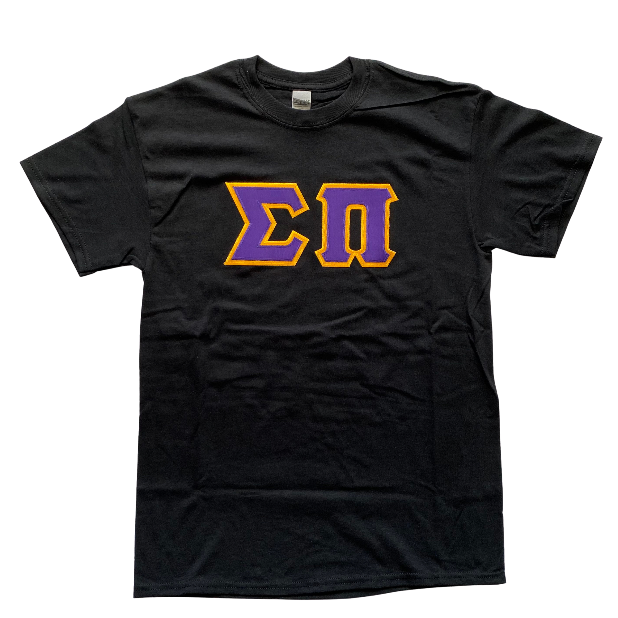 Sigma Pi Stitched Letter T Shirt Purple Letters with Gold Border