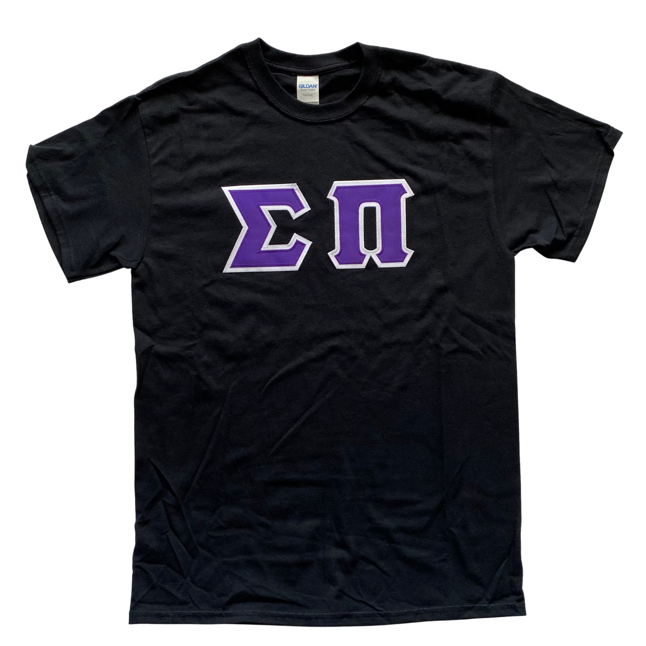 Sigma Pi Stitched Letter T-Shirt | Purple Letters with a White Border