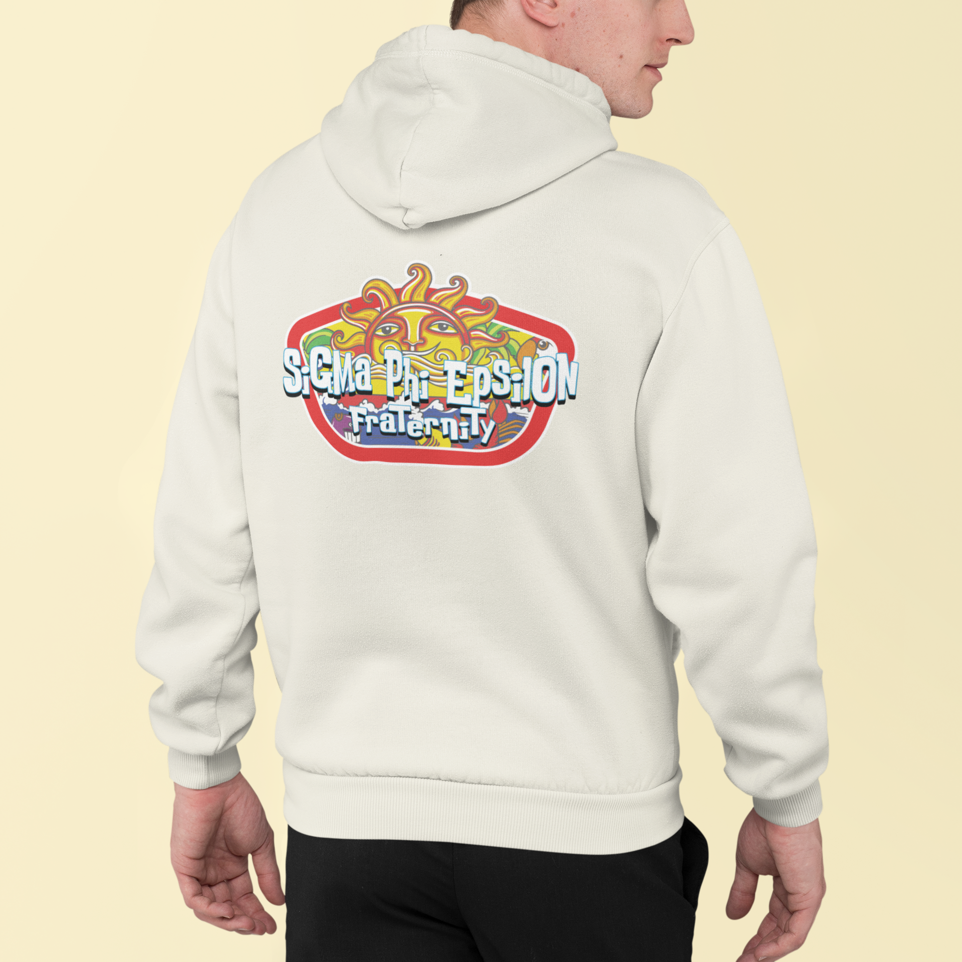 White Sigma Phi Epsilon Graphic Hoodie | Summer Sol | SigEp Fraternity Clothes and Merchandise model 