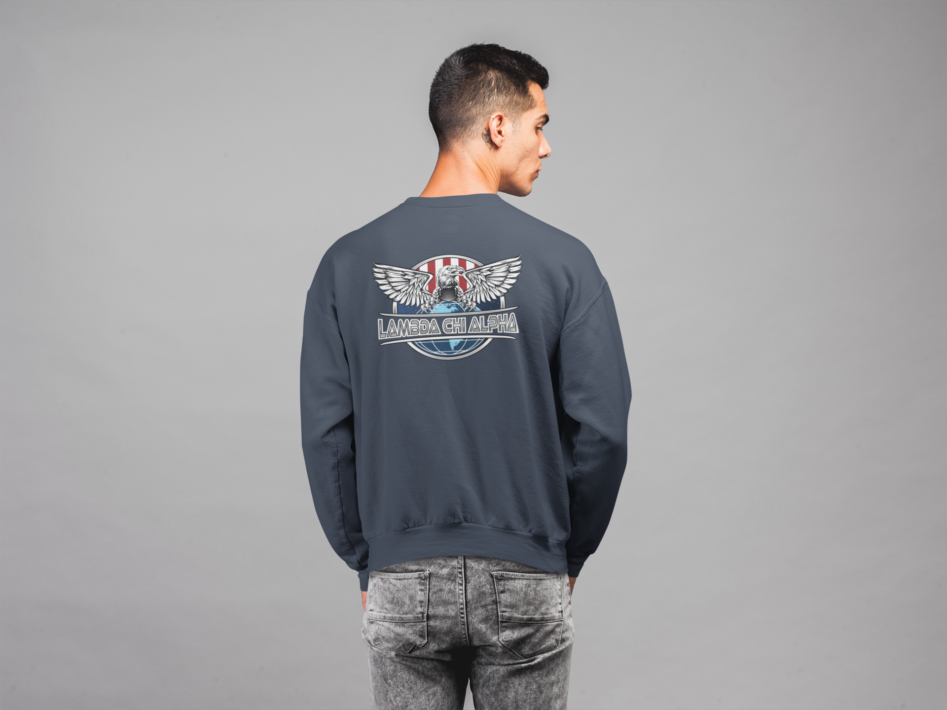 Navy Lambda Chi Alpha Graphic Crewneck Sweatshirt | The Fraternal Order | Lambda Chi Alpha Fraternity Shirt model 