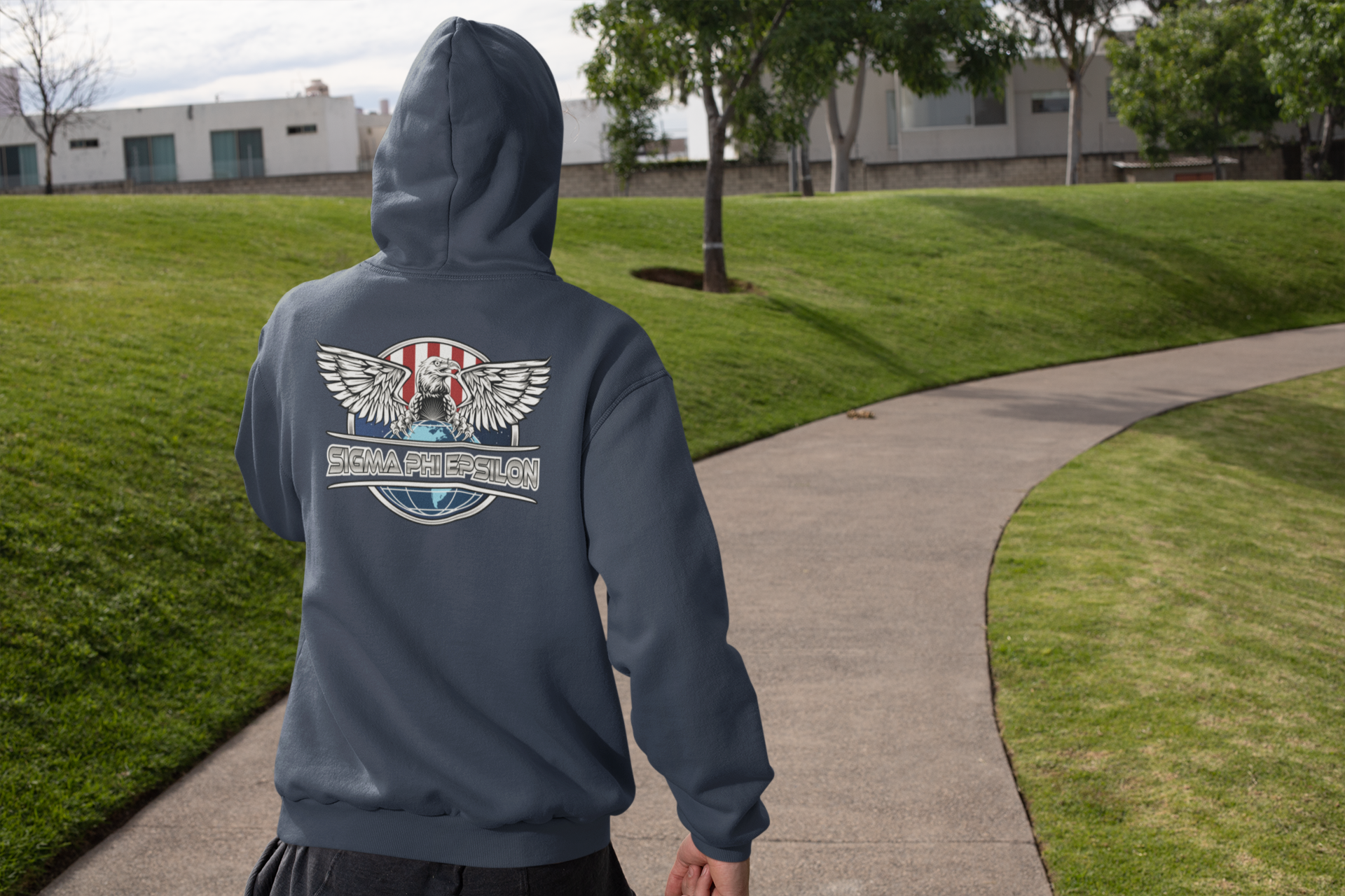 Navy Sigma Phi Epsilon Graphic Hoodie | The Fraternal Order | SigEp Fraternity Clothes and Merchandise model 