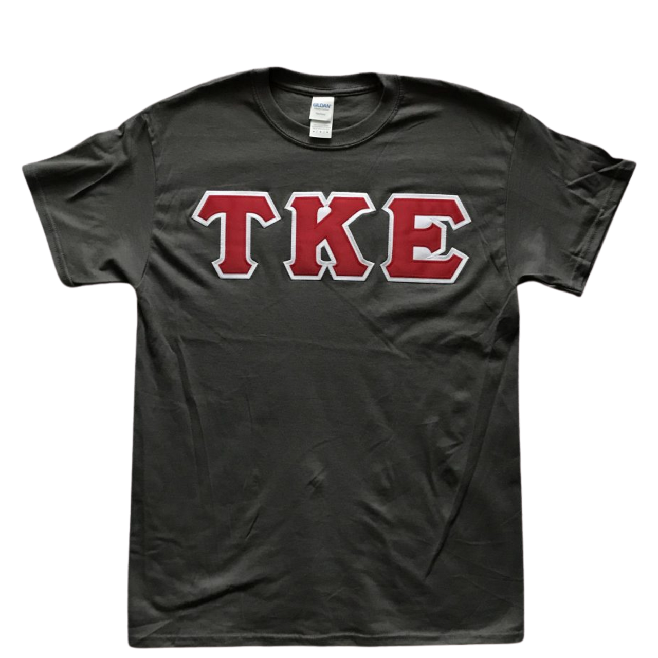 Tau Kappa Epsilon Stitched Letter T-Shirt | Charcoal | Red with White Border