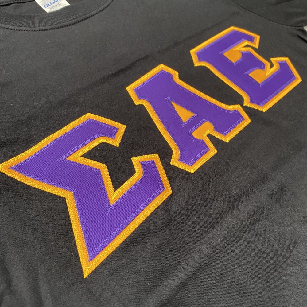 Sigma Alpha Epsilon Stitched Letter T-Shirt | Black | Purple with Gold Border