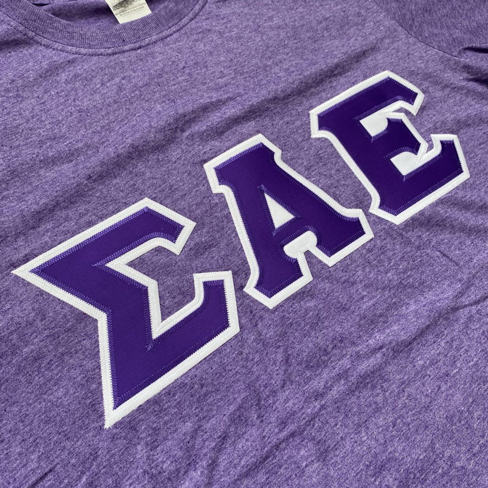 Sigma Alpha Epsilon Stitched Letter T-Shirt | Heather Purple | Purple with White Border