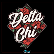 a black background with red flowers and the words delta chi