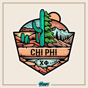 a sticker with a cactus and mountains in the background