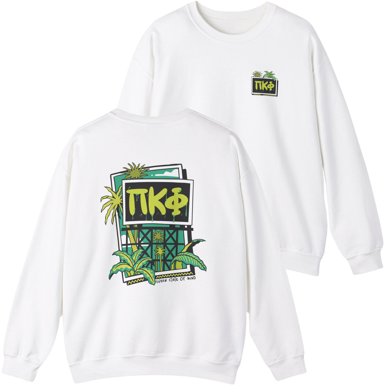 White Pi Kappa Phi Graphic Crewneck Sweatshirt | Tropical Billboard