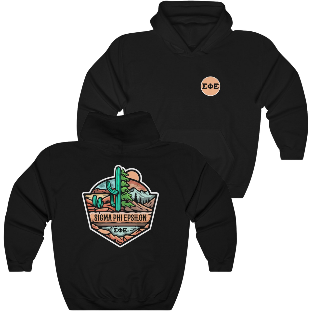 Black Sigma Phi Epsilon Graphic Hoodie | Desert Mountains | SigEp Clothing - Campus Apparel