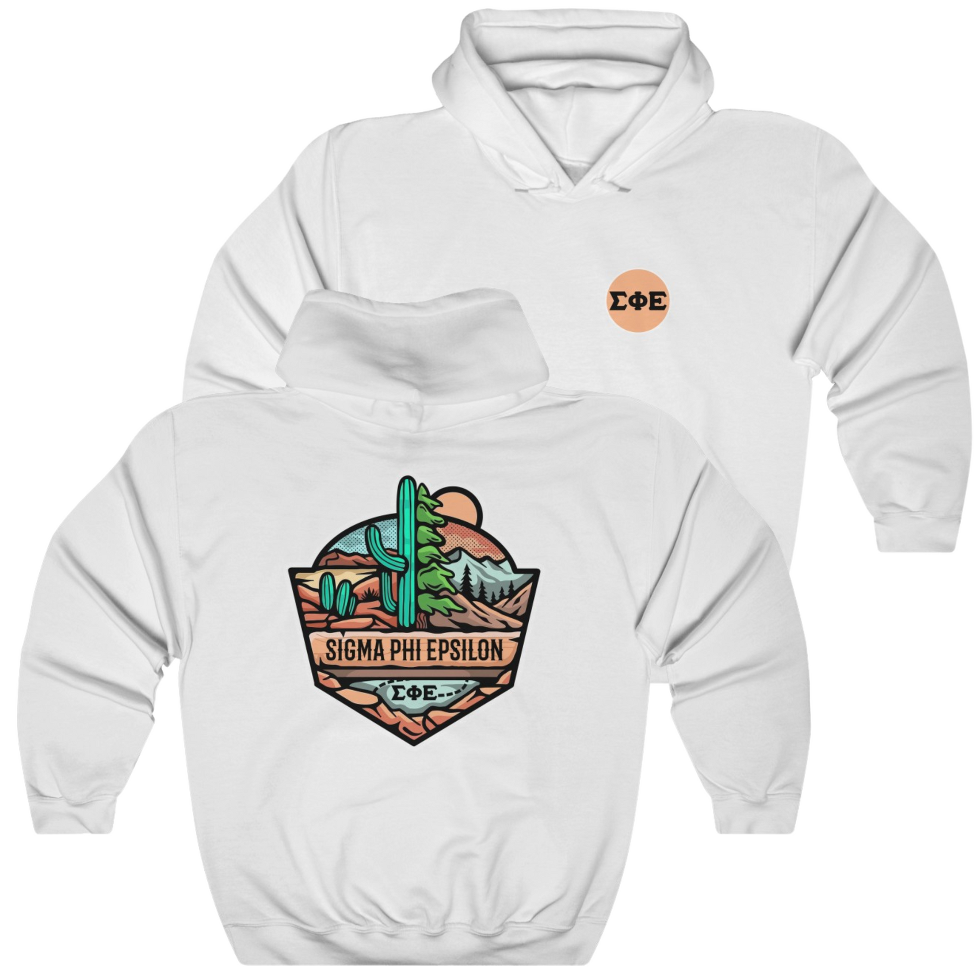 White Sigma Phi Epsilon Graphic Hoodie | Desert Mountains | SigEp Clothing - Campus Apparel