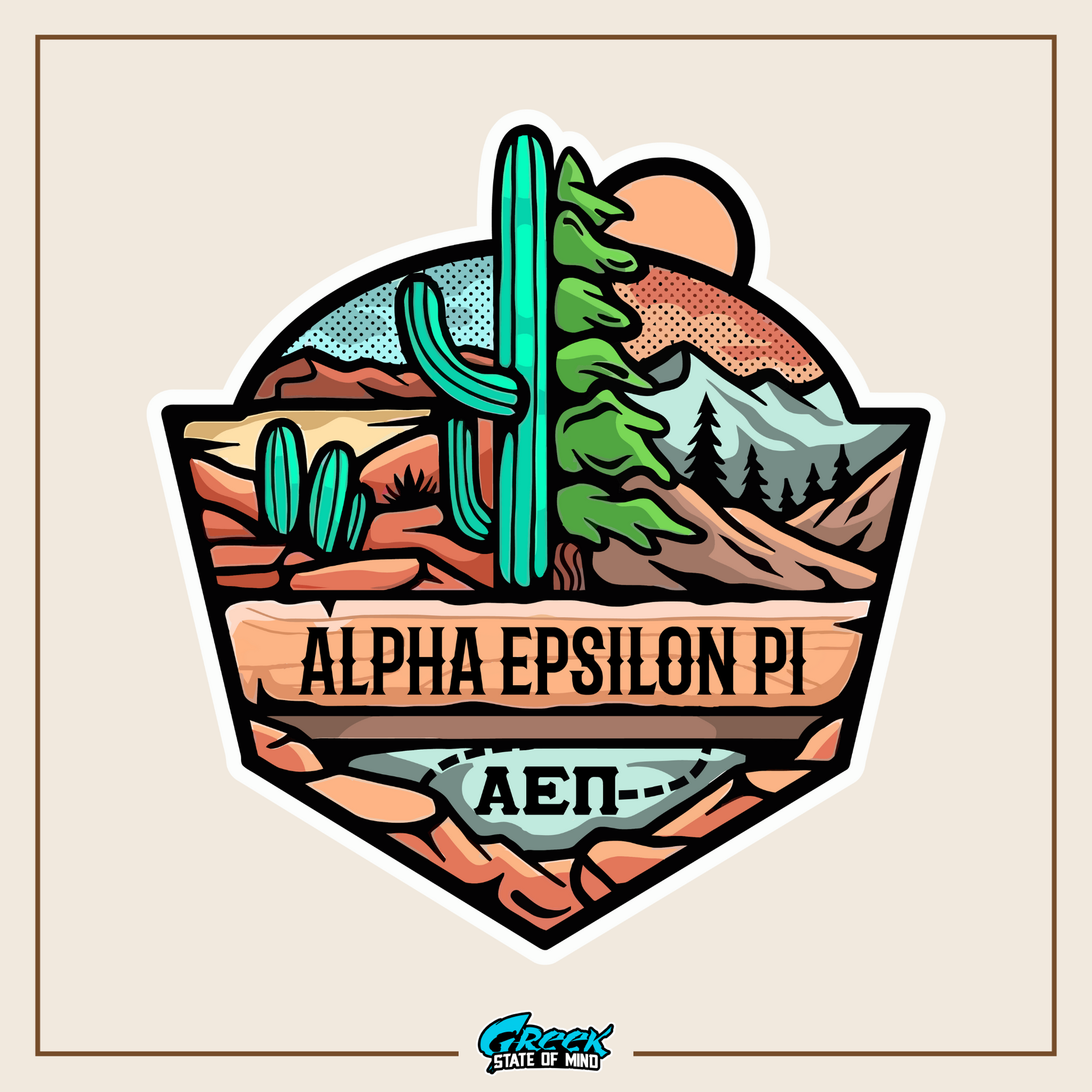 a sticker with a cactus and mountains in the background