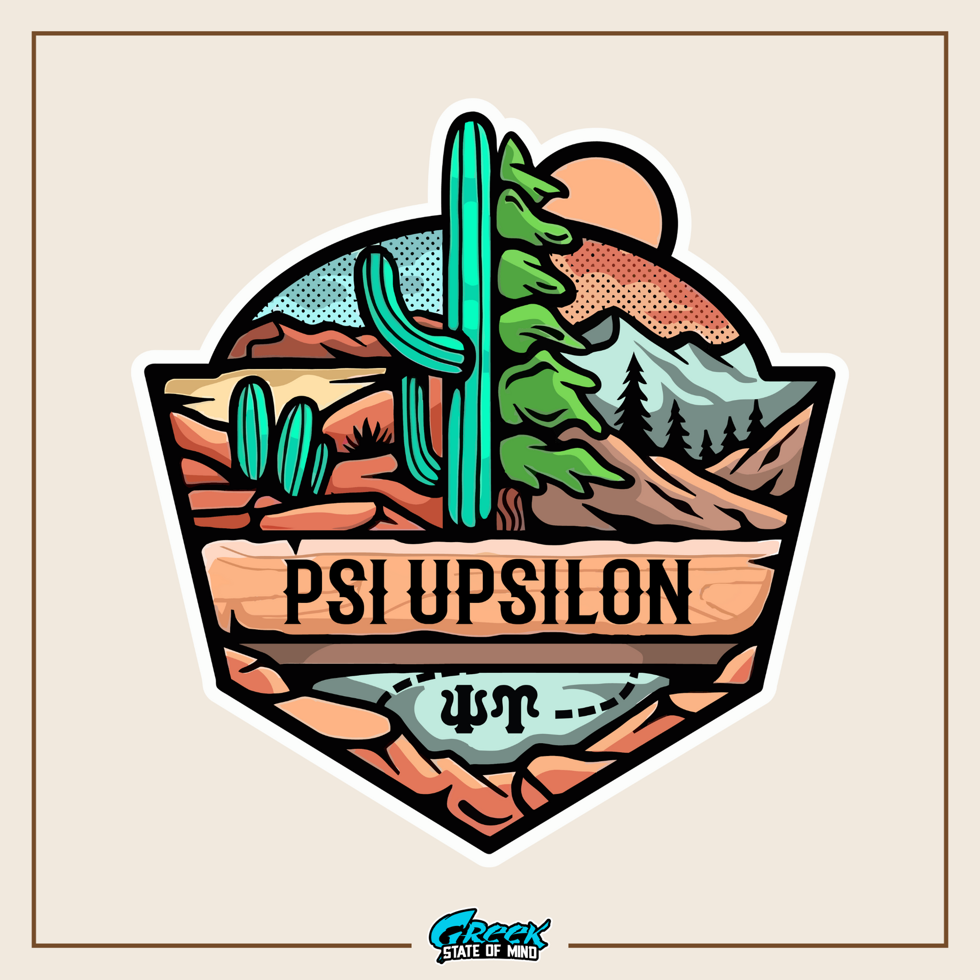 a sticker with a cactus and mountains in the background