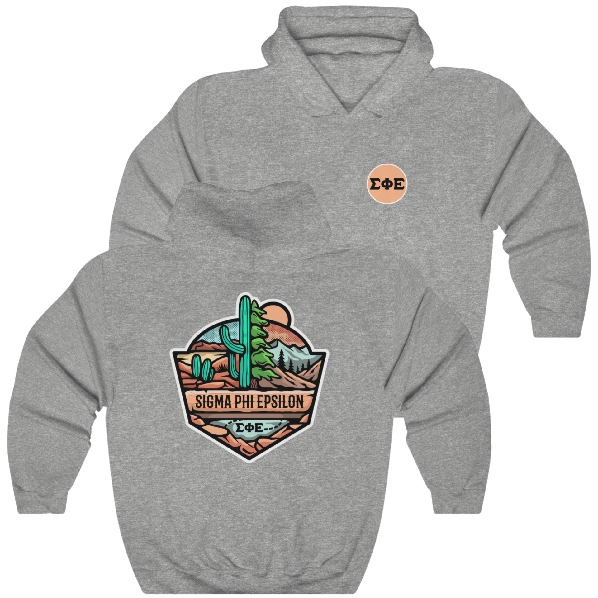 Grey Sigma Phi Epsilon Graphic Hoodie | Desert Mountains | SigEp Clothing - Campus Apparel