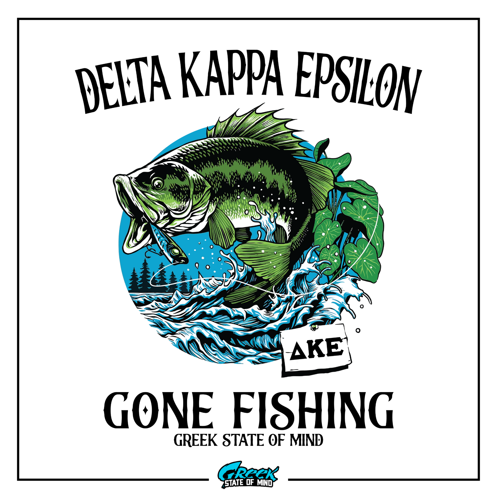 a fish with a caption that says delta kapa epsilon gone fishing