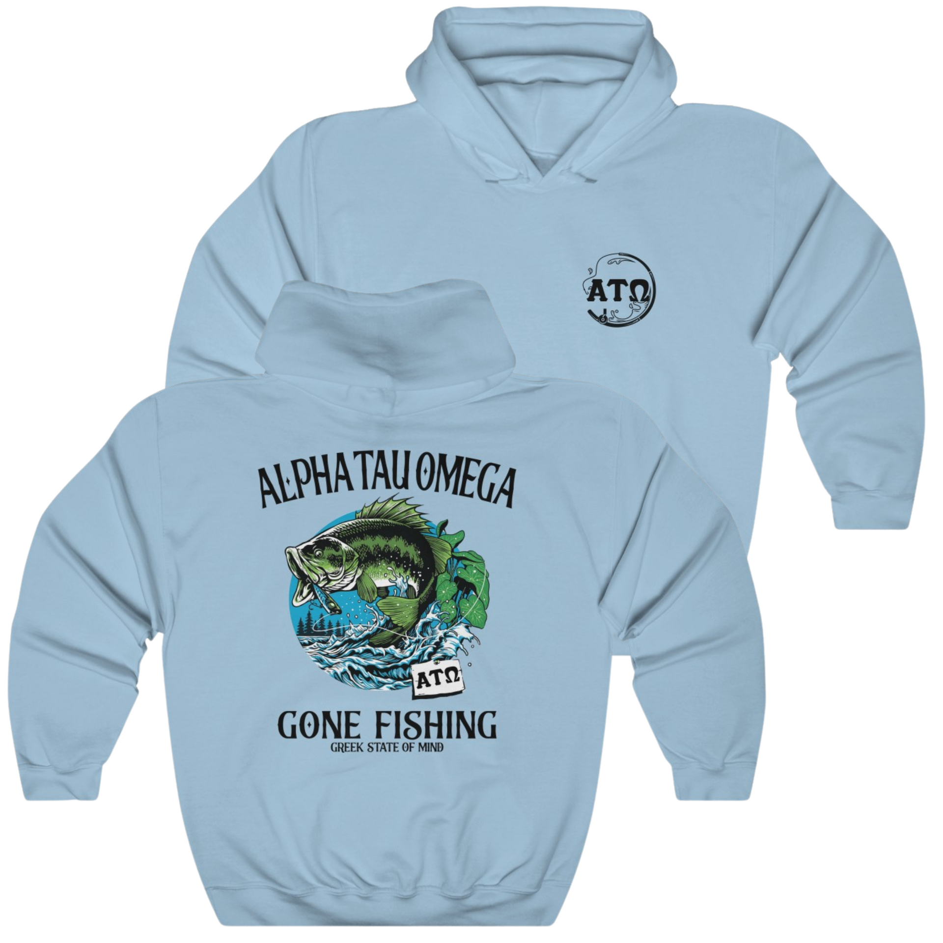 Light Blue Alpha Tau Omega Graphic Hoodie | Gone Fishing | Alpha Tau Omega Fraternity Merch 