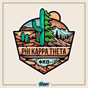 a sticker with a cactus and mountains in the background