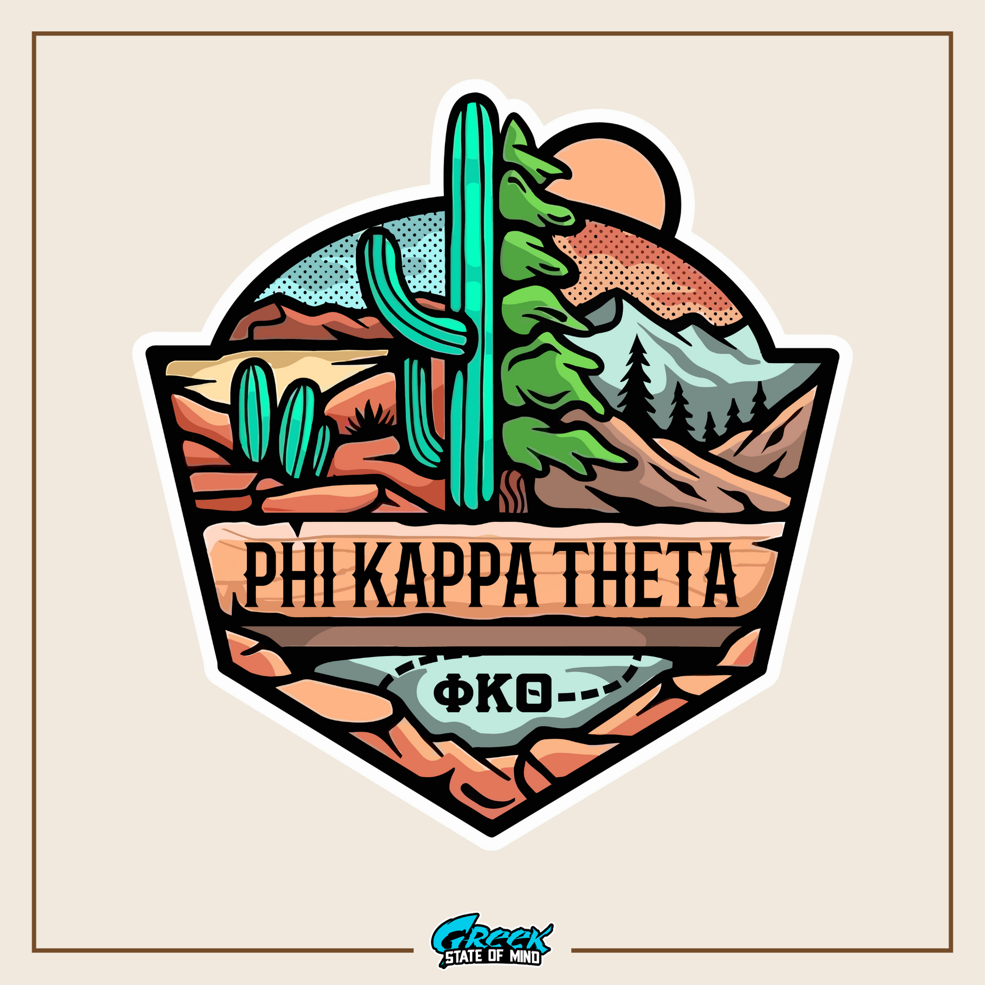 a sticker with a cactus and mountains in the background