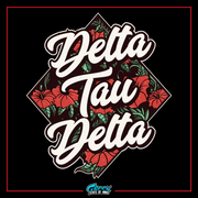 a black background with red flowers and the words delta tau delta