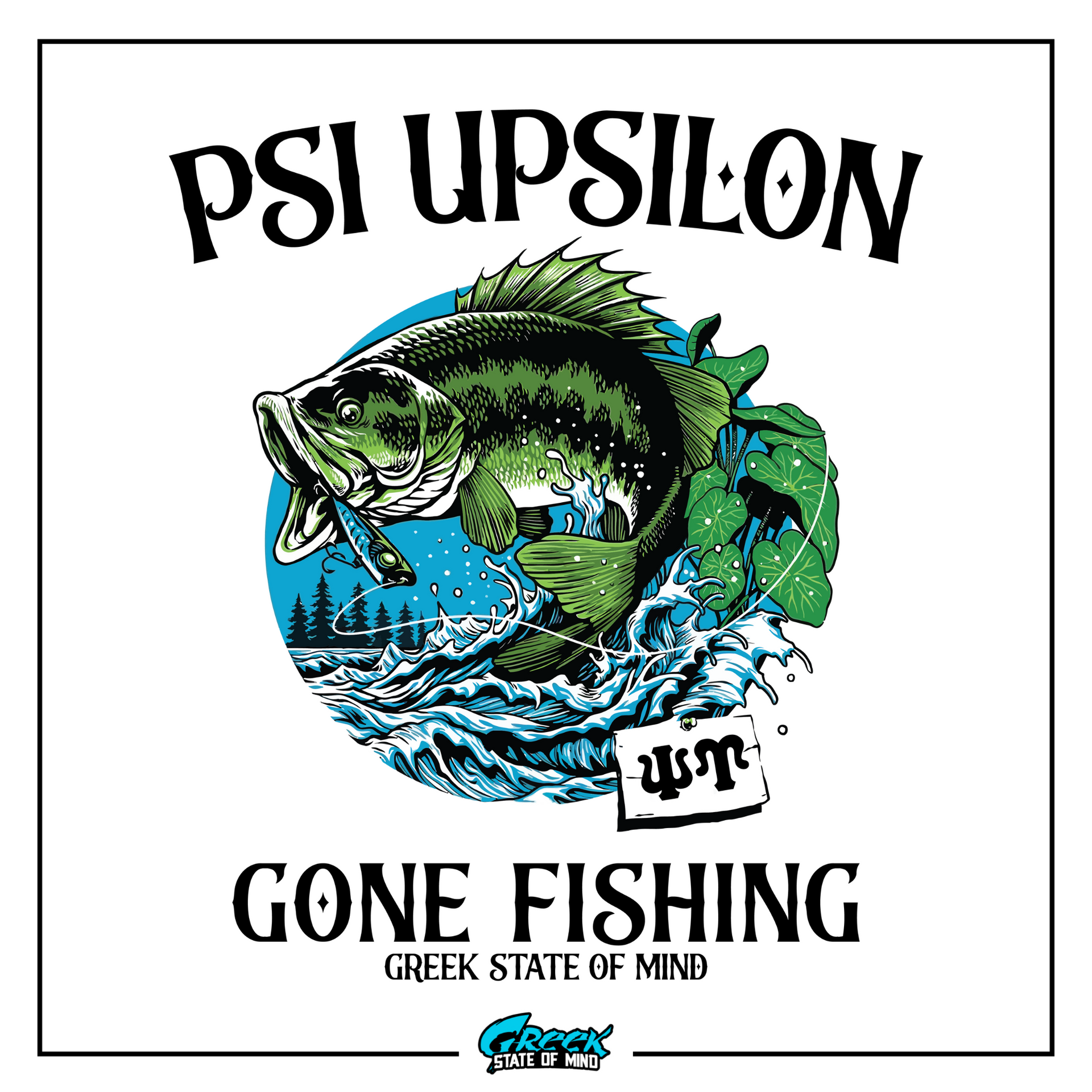 a fish with a caption that says, psi upsilon gone fishing