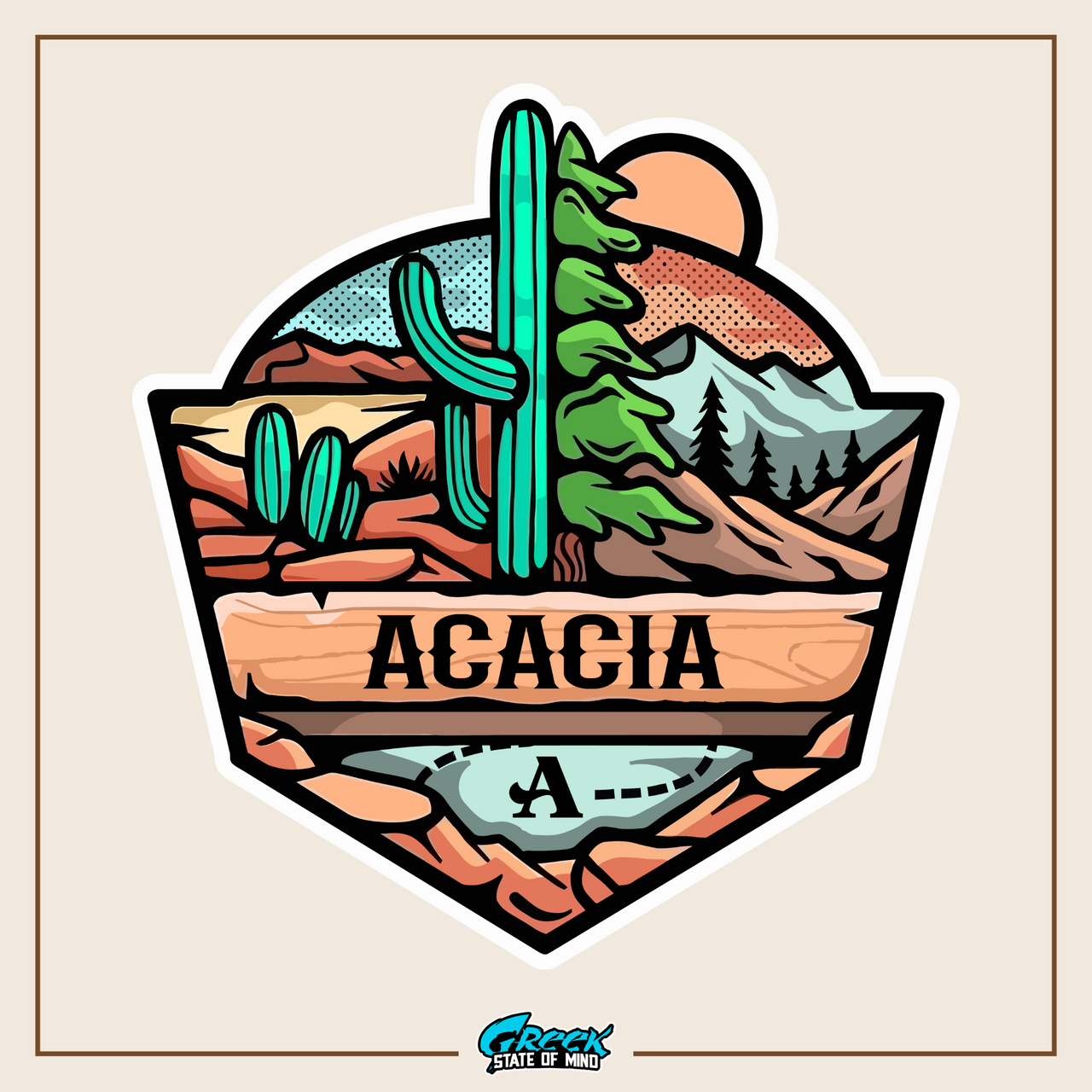 a sticker with a cactus and mountains in the background