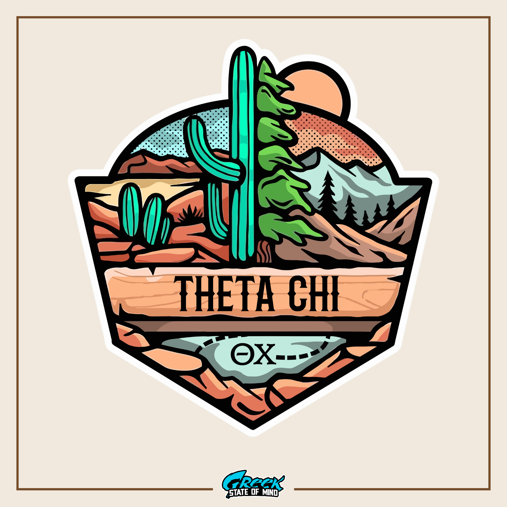 a sticker with a cactus and mountains in the background