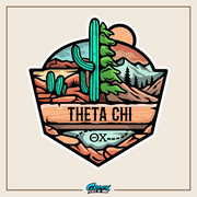 a sticker with a cactus and mountains in the background