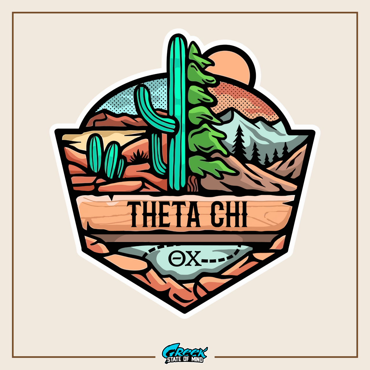 a sticker with a cactus and mountains in the background