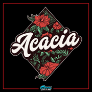 a black background with red flowers and the word acacia