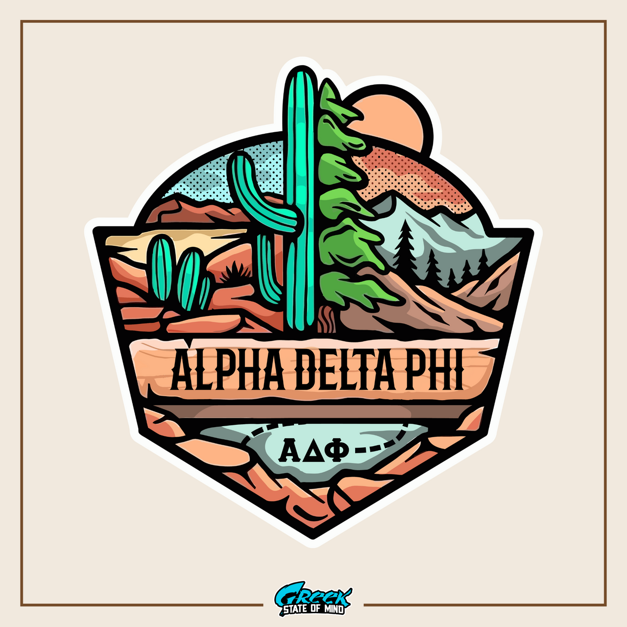 a sticker with a cactus and mountains in the background