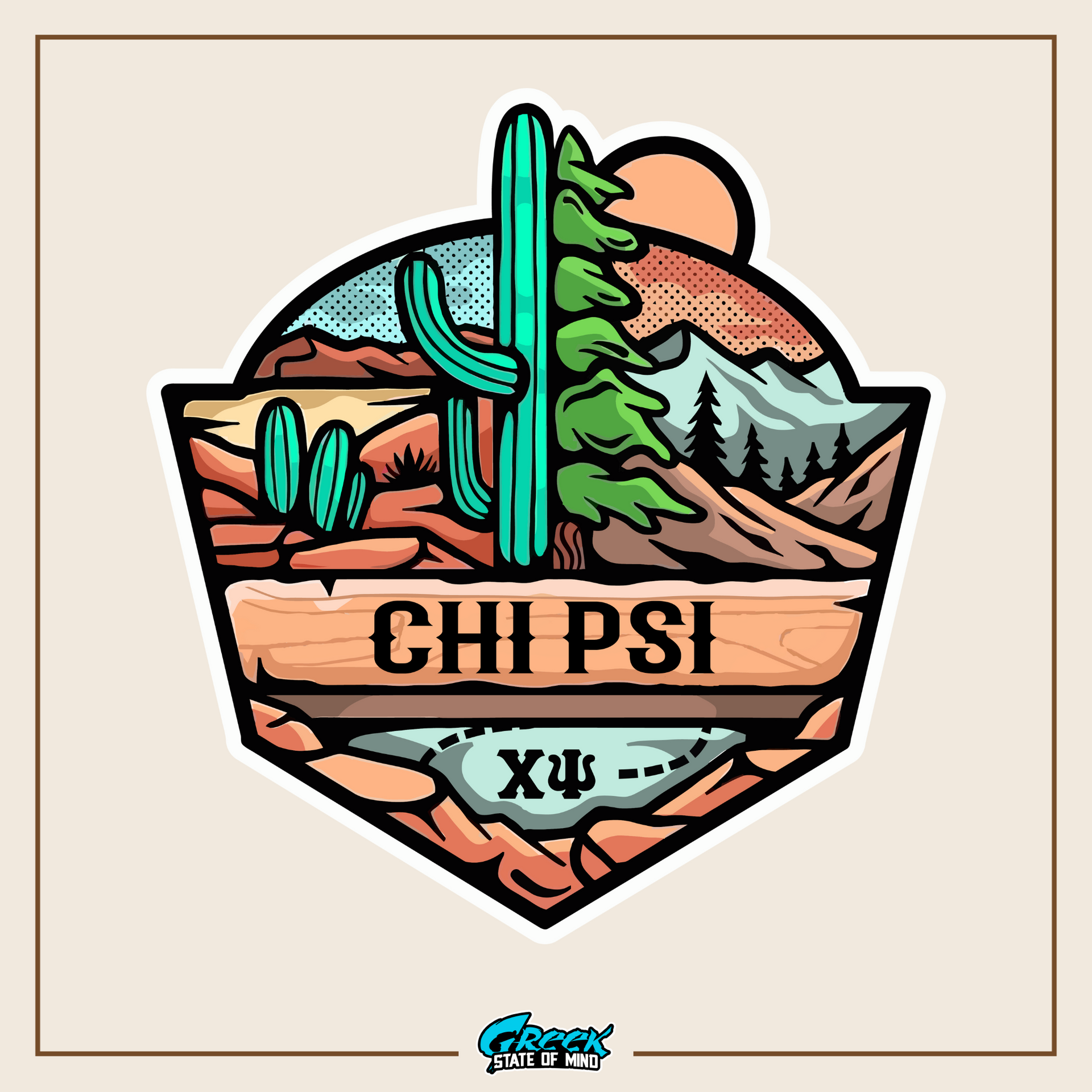 a sticker with a cactus and mountains in the background