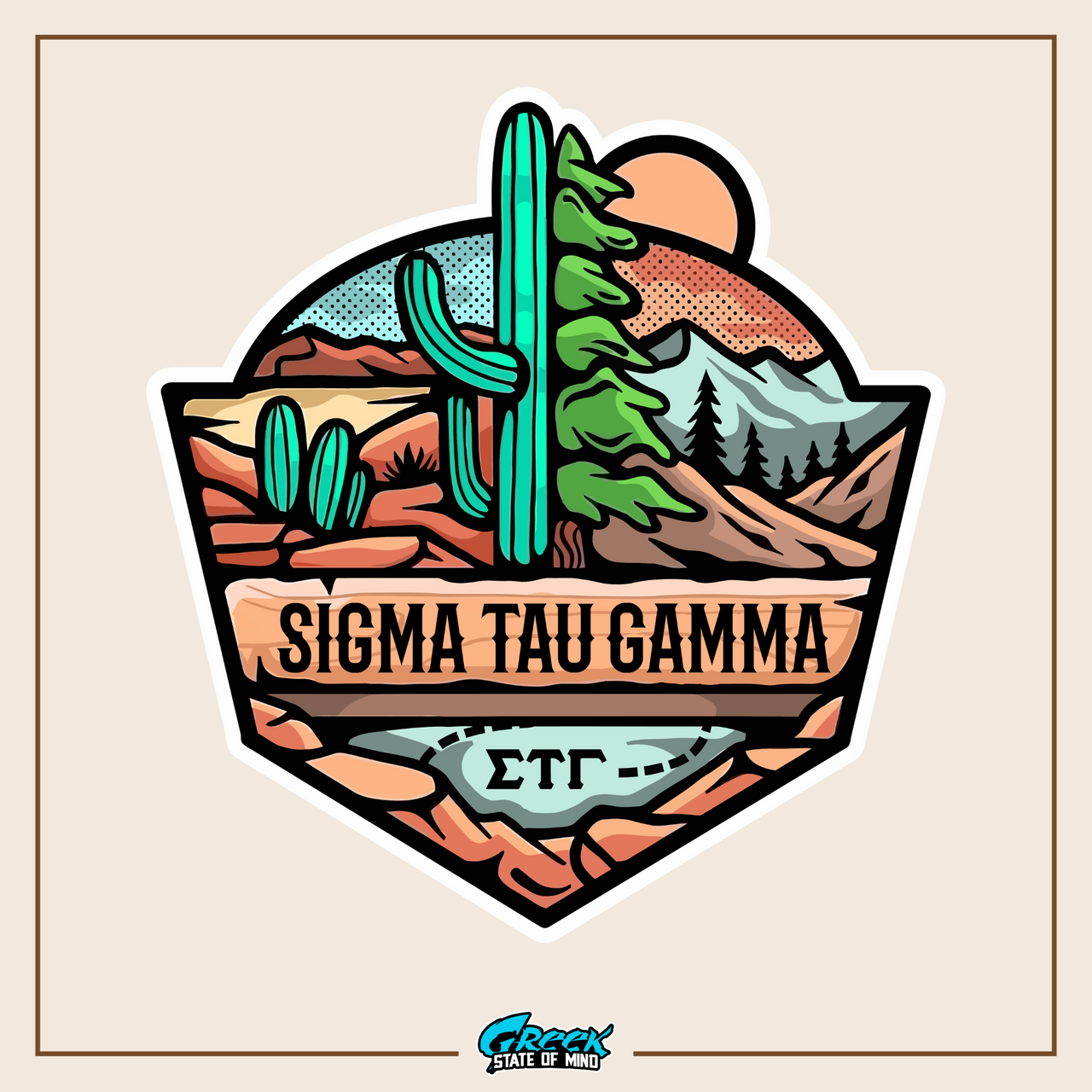 a sticker with a cactus and mountains in the background