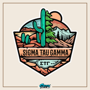 a sticker with a cactus and mountains in the background