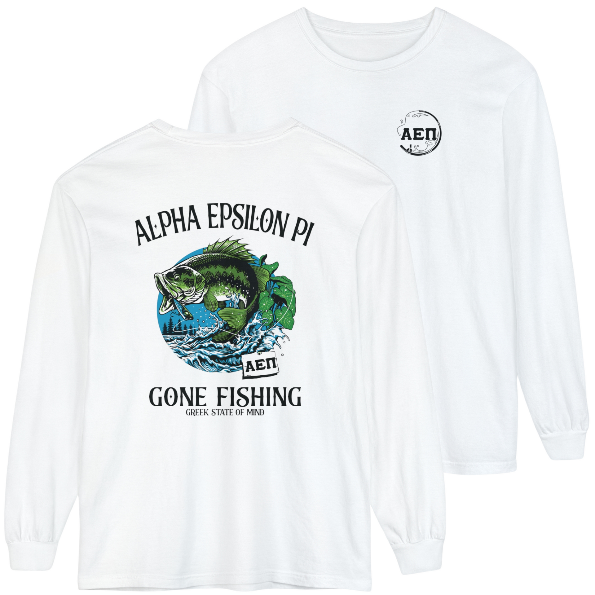 white Alpha Epsilon Pi Graphic Long Sleeve | Gone Fishing